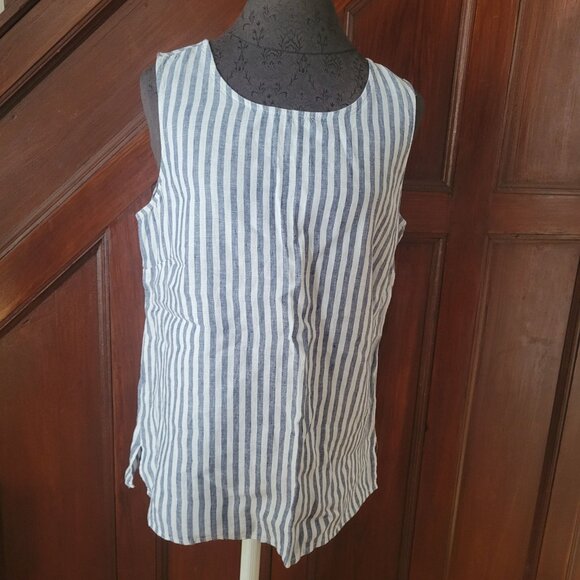 Blue/White Striped Ellen Tracy Womens Sleeveless Top Keyhole Back Button Closure - Picture 1 of 6